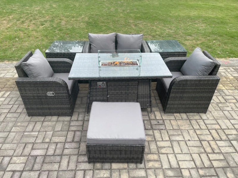 Image of Fimous Rattan Garden Furniture Set Outdoor Patio Gas Fire Pit Dining Table and Chairs with 2 Side Tables Dark Grey