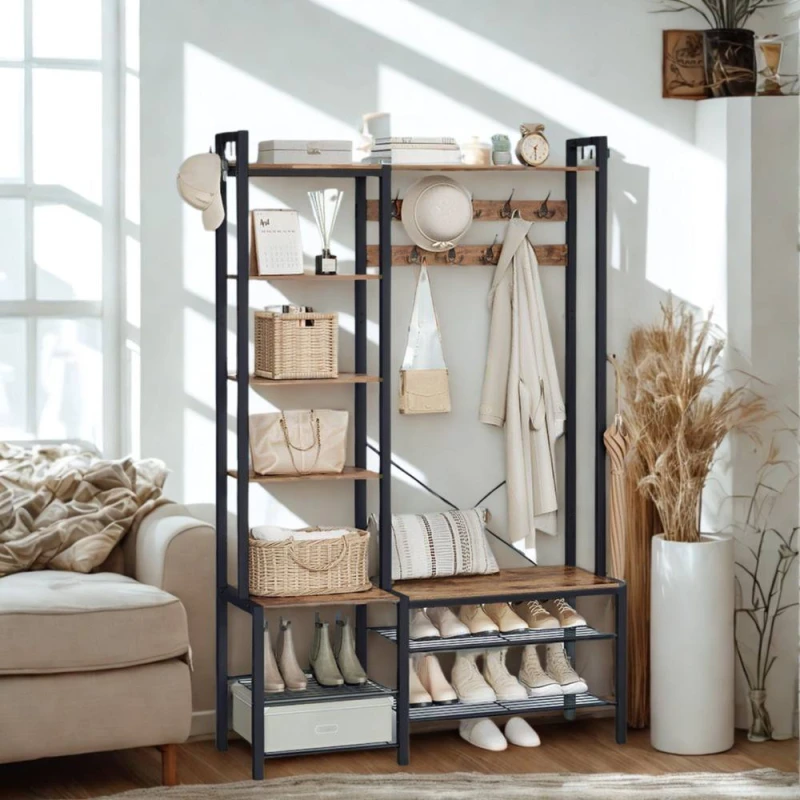 Image of Pirlo Plush Entryway Hall Tree Coat Rack Stand With Shoe Storage & Shelves in Brown Brown Unisex