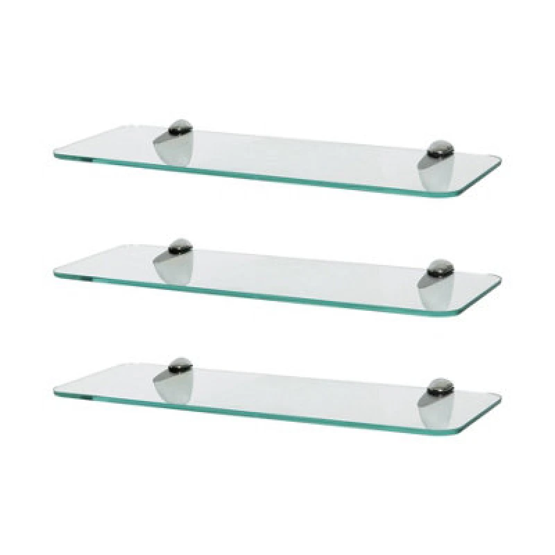 Image of Harbour Housewares 3X Rounded Floating Glass Shelves - 40Cm - Silver Brackets - Bathroom Shower Storage Vanity Display Unit Shelf