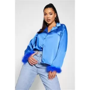 Image of I Saw It First Cobalt Blue Satin Feather Cuffed Shirt - Blue