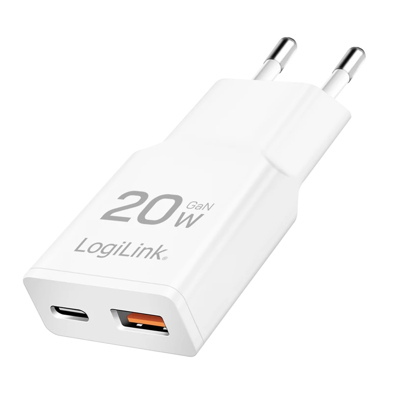 Image of LogiLink USB Wall Charger. 2port. GaN. USB-AF & USB-CF. PD 20W. sl
