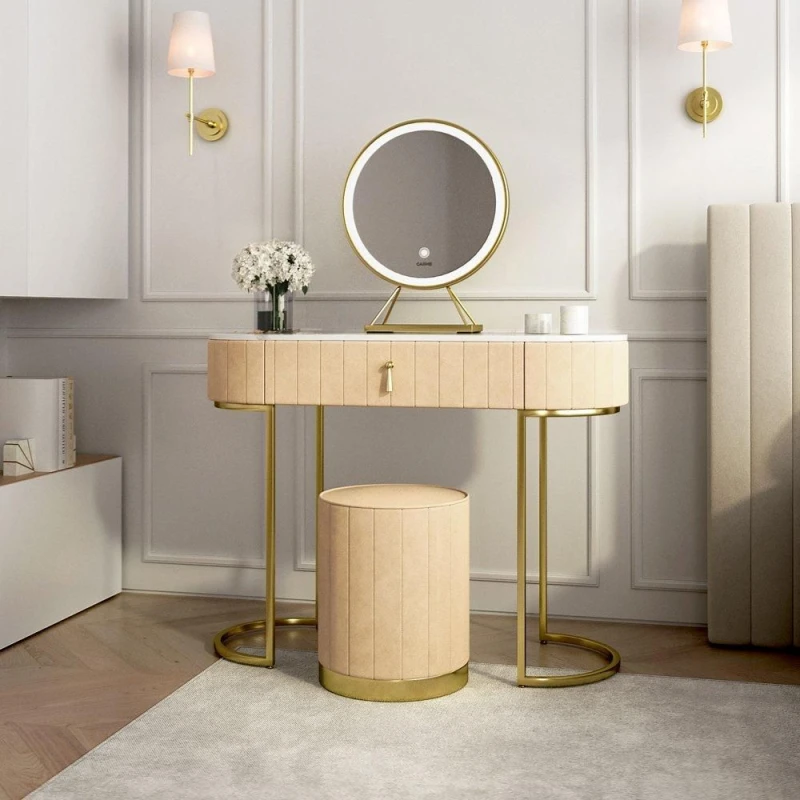 Image of CARME HOME Miami Deco Cream Velvet Dressing Table with LED Touch Sensor Mirror Cream