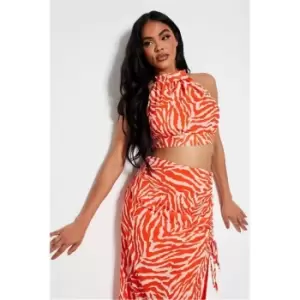 Image of I Saw It First Orange Chiffon Zebra Print Open Back Halterneck Crop Top - Orange