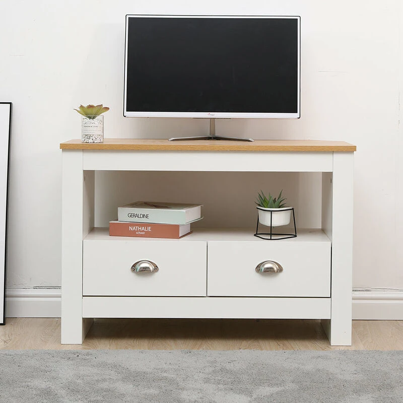 Image of FURNITURE HMD FURNITURE HMD Corner TV Stand Cabinet TV Unit with 2 Drawers,White-85x39x58cm(WxDxH) 25388-HMD