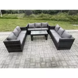 Image of Fimous 9 Seater Outdoor Dark Grey Rattan Lounge Complete Sofa Set with Oblong Rectangular Coffee Table