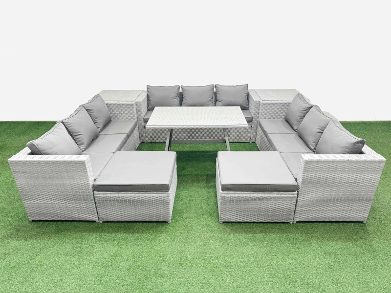 Image of Fimous 11 Seat Outdoor Patio Pe Rattan Garden Furniture With Cushions 3 Seater Sofa 2 Side Tables 2 Big Stools Light Grey