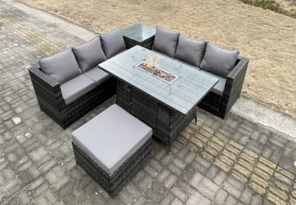 Image of Fimous 6 Seater Outdoor Dark Grey Rattan Lounge Complete Sofa Set with Gas Fire Pit Table Heater and Big Footstool