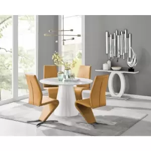 Image of Furniturebox Palma White High Gloss 4 Seat Minimalist Post Modern Round Dining Table & 4 Mustard Willow Faux Leather Chairs