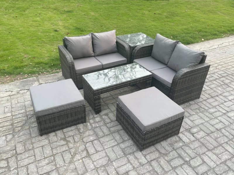 Image of Fimous Rattan Wicker Garden Furniture Patio Conservatory Sofa Set with Rectangular Coffee Table Reclining Chair Love Sofa Big Footstool Side Table Dar