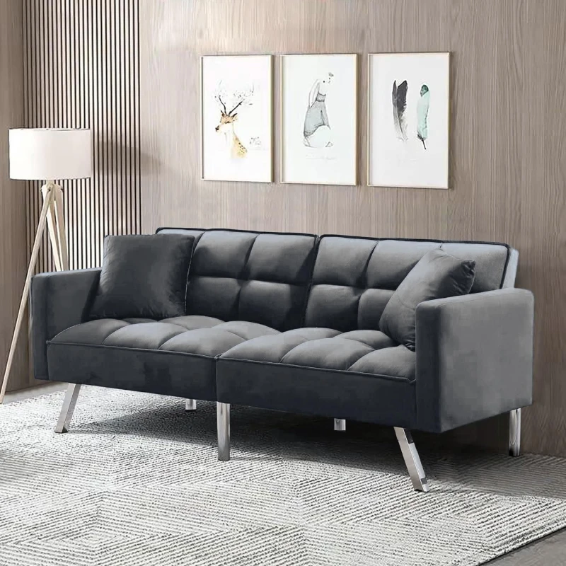 Image of KOSY KOALA Sofa Bed 2 Seater Grey Velvet Click Clack Sofa Settee Recliner Couch with Metal Legs with 2 Pillows Grey