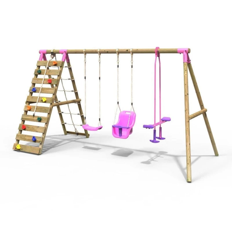 Image of Rebo Wooden Swing Set with Baby Seat, Glider and Climbing Wall - Sienna Pink Pink