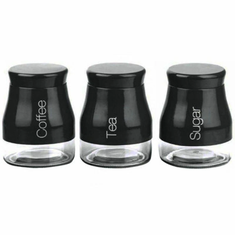 Image of Gr8 Home Set Of 3 Black Storage Canisters Tea Coffee Sugar Jars Pots Food Containers