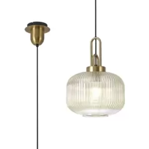 Image of Luminosa 1 Light Pendant E27 With 30cm Pumpkin Shaped Ribbed Glass, Champagne Brass Gold, Matt Black