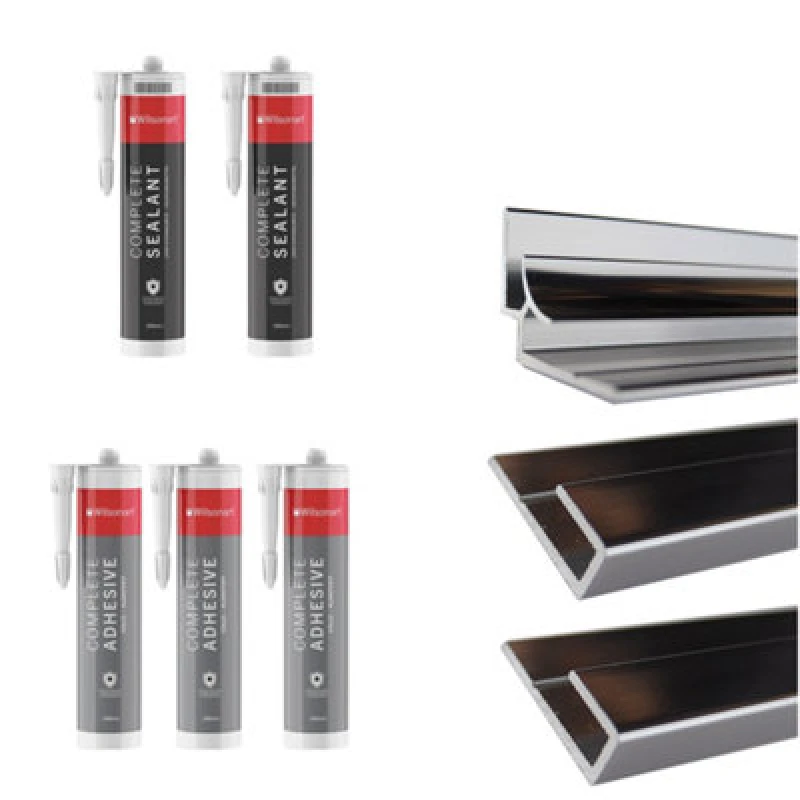 Image of Splashwall Alloy Metal 2 Sided Bathroom & Wet Room Panel Installation Kit Polished Chrome Effect