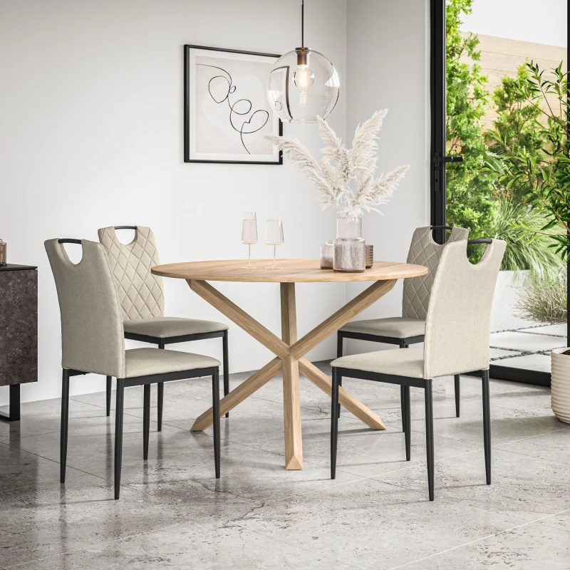 Image of More4Homes Malvern Round Dining Table And Chairs - Oak Table Top W Solid Oak Legs + Monza Fabric Dining Chair Set Of 4 (Beige)