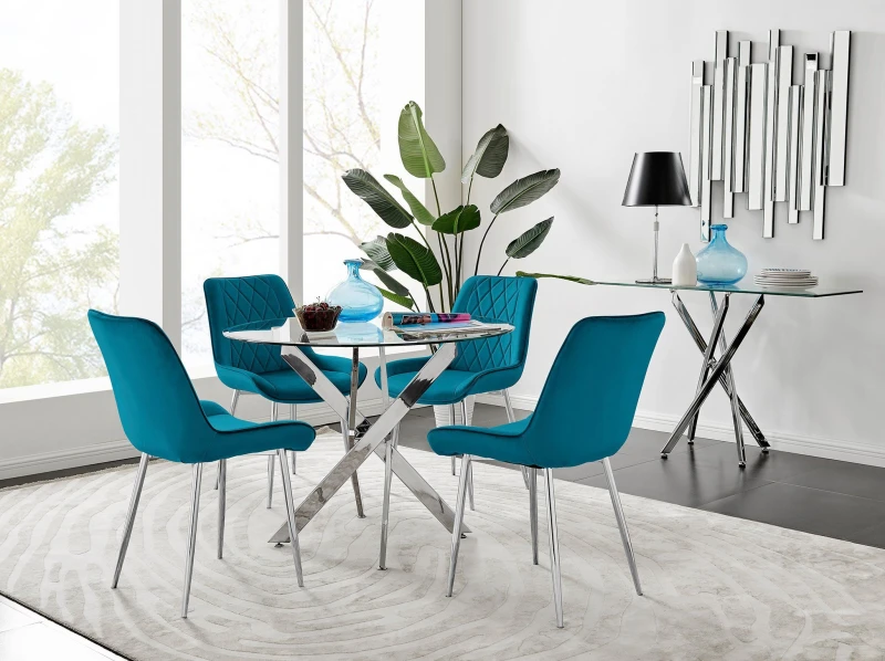 Image of FurnitureboxUK FurnitureboxUK Novara Clear Tempered Glass 100cm Round Dining Table with Chrome Starburst Legs & 4 Pesaro Velvet Silver Leg Chairs in B