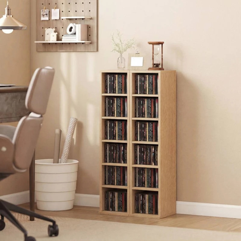 Image of HOMCOM Set of 2 CD Storage Units with Adjustable Shelves in Natural Natural Unisex