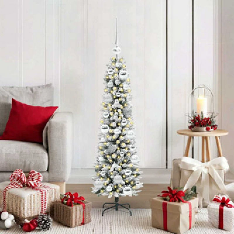 Image of vidaXL Artificial Christmas Tree with 150 LEDs, Silver Balls Green and white 120 cm, Green 3396086