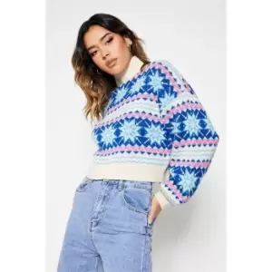 Image of I Saw It First Snowflake Fairisle High Neck Jumper - Blue