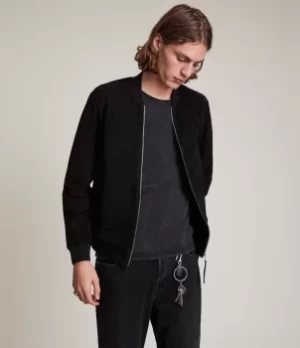 Image of AllSaints Mens Ronan Suede Bomber Jacket, Black, Size: M