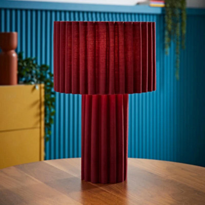 Image of ValueLights ValueLights Lenny Drum Lamp Shade Colour Drench Ribbed Full Fabric Table Lamp in Burgundy Burgundy One Size Unisex 5016529272380