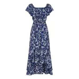 Image of Mela London Blue Ditsy Print Bardot Dipped Hem Dress - Blue
