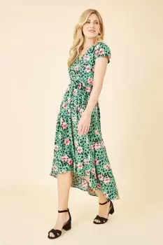 Image of Green Animal Print Dipped Hem Wrap Dress