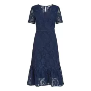 Image of Yumi Navy Lace Midi Dress With Ruffle Hem - Blue