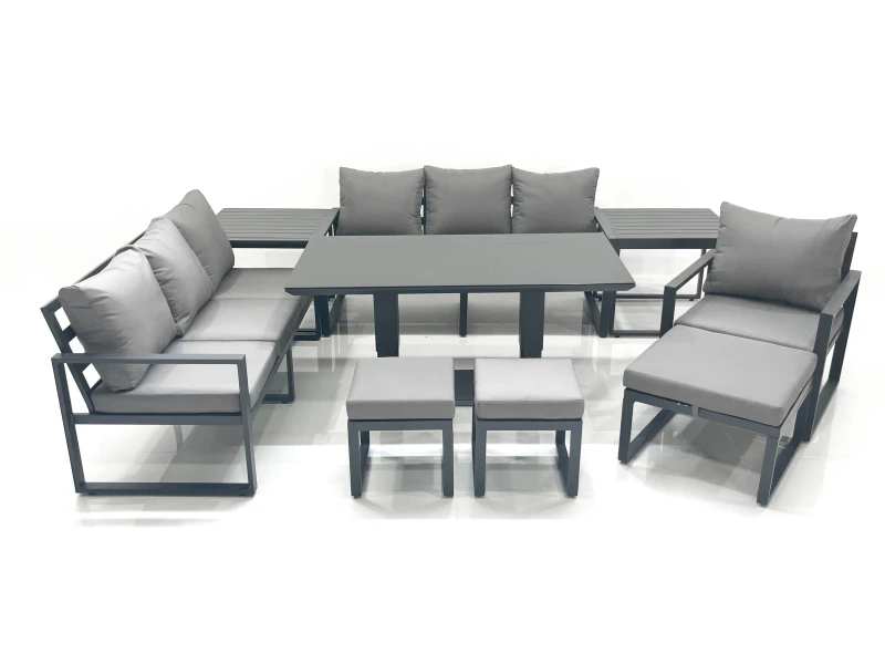 Image of Fimous Outdoor Garden Furniture Set Aluminium Lounge Sofa Adjustable Rising Lifting Dining Table Sets with 3 Footstools 2 Side Tables Dark Grey Dark G