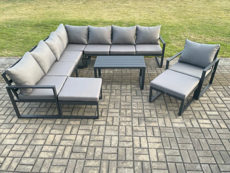 Image of Fimous Aluminium Outdoor Garden Furniture Set Lounge Corner Sofa Chair Oblong Coffee Table Sets with 2 Big Footstools Dark Grey Dark Grey Unisex