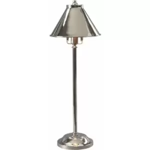 Image of Table Lamp Tall Slim Stem Pyramid Shaped Shade Highly Polished Nickel LED 7W