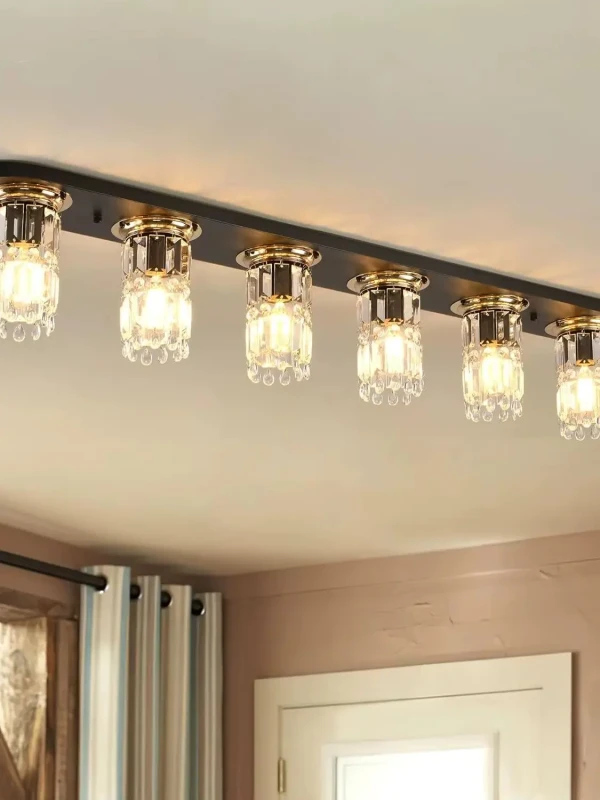 Image of Luxury Crystal Chandelier Light, 6-Light Modern Flush Mount Ceiling Fixture with Black Iron Base & E27 Bulbs, for Dining