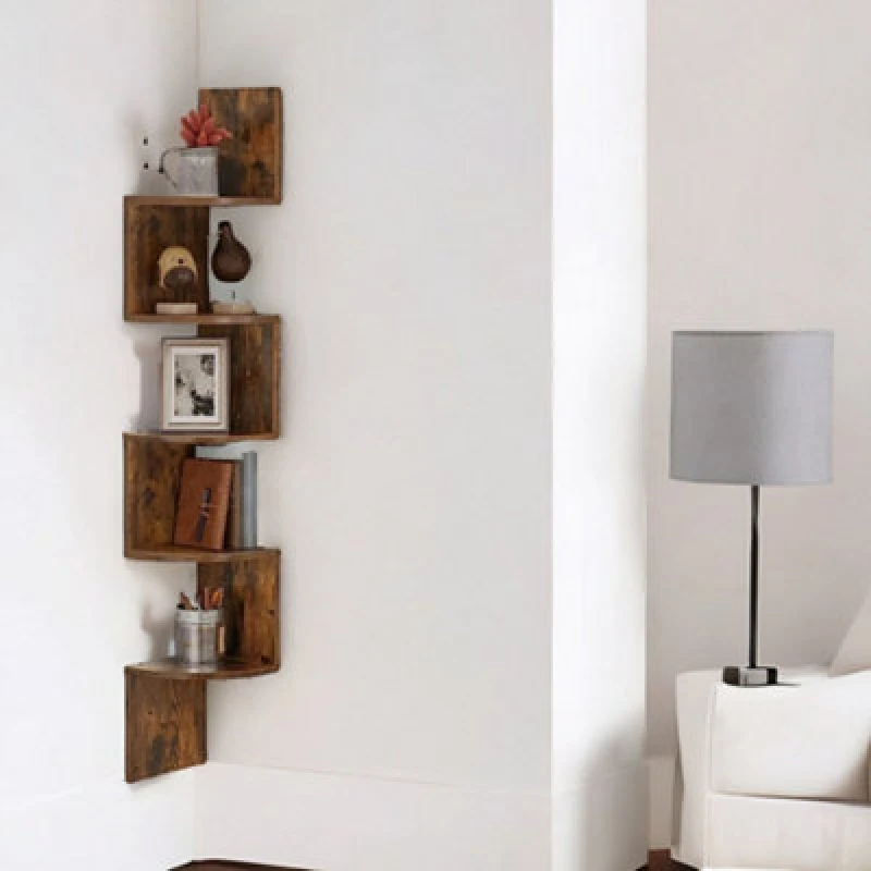 Image of Rafaelo Mobilia 5 Tier Wall Mounted Floating Corner Shelf Rustic Brown