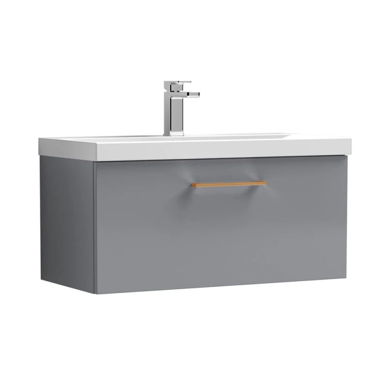 Image of Balterley 600mm Wall Hung 1 Drawer Vanity Basin Unit, Satin Grey, Copper Handle in Grey Grey Unisex
