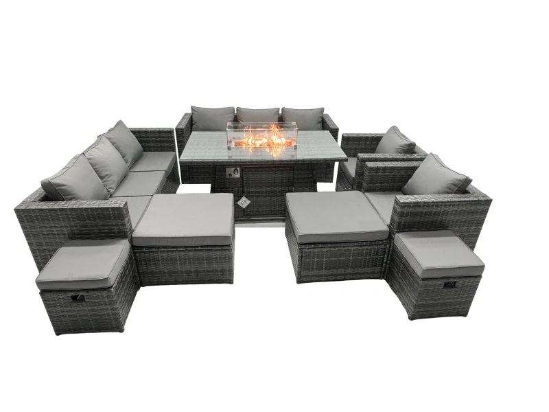 Image of Fimous Rattan Garden Furniture Firepit Dining Set 12 Seater Lounge Sofa Table Set with 2 big Footstool Dark Grey