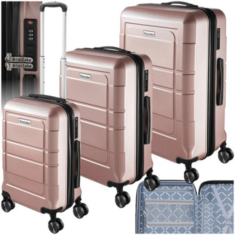 Image of Tectake Suitcase Luggage Set - L, M & S Sizes, Abs Plastic, Swivel Wheels, Combination Lock - Rose Gold