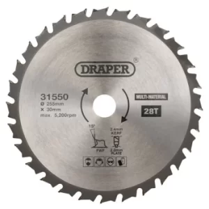 Image of Draper TCT Multi Purpose Circular Saw Blade, 255 x 30mm, 28T