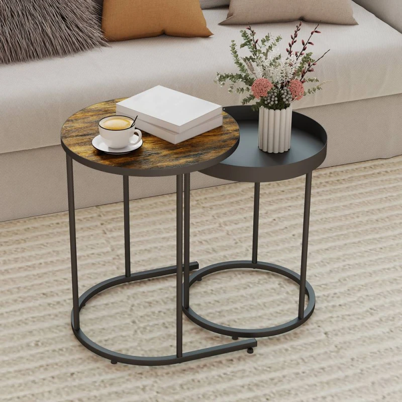 Image of HOMCOM HOMCOM Round Nesting Side Table Set of 2 with Metal Frame for Living Room in Brown Brown One Size Unisex 5063603962224