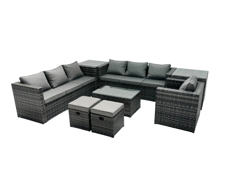 Image of Fimous 9-seater Patio Coffee Table Sofa Set with 2 Small Stools 2 Side Tables in Dark Grey Dark Grey Unisex