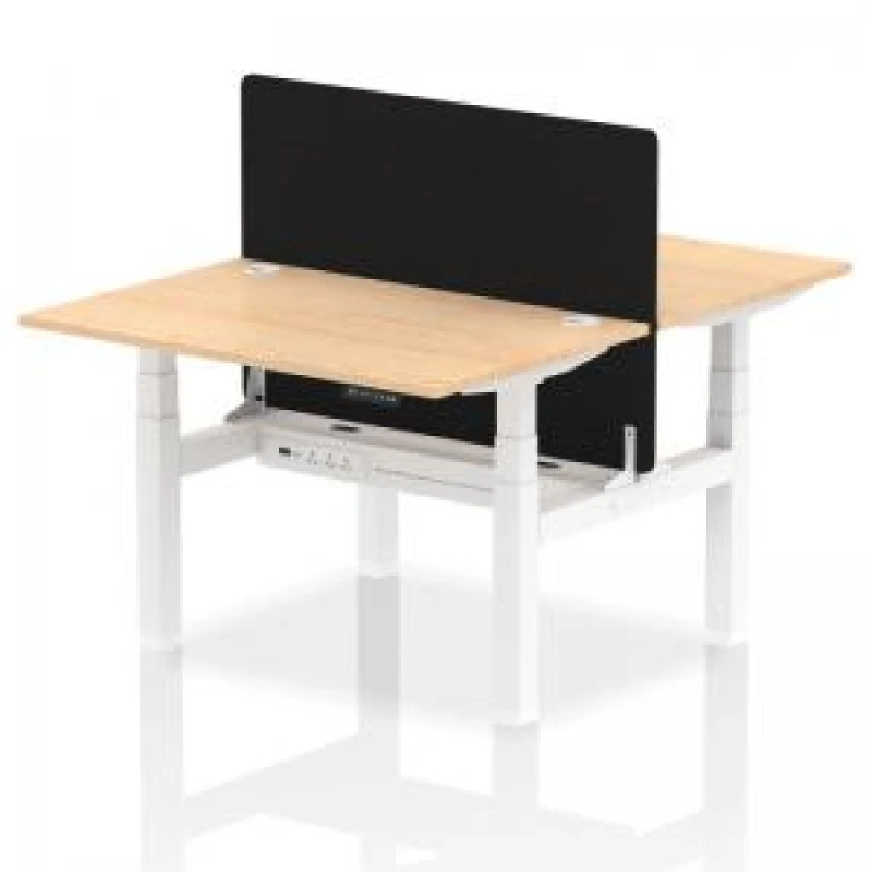 Image of Air Back - to - Back 1200 x 800mm Height Adjustable 2 Person Bench Office Desk Maple Top - Cable Ports White Frame - Black Straight Screen