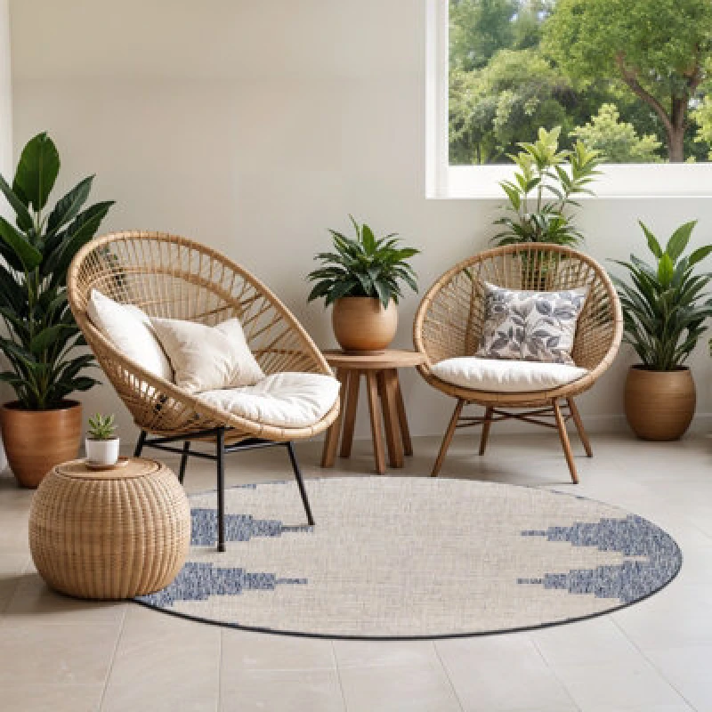 Image of Livabliss Round In- & Outdoor Global Denim Rubal Area Rug 160 X 160 Cm - Easy To Clean, Perfect For Patio, Balcony, Kitchen Or Dining Room