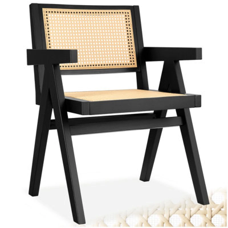 Image of Tectake 1 Dining Chair Lizzy With Mid-Century Modern Design, Rattan Backrest And Solid Wood Frame - Black