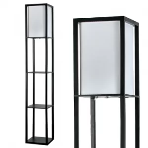 Image of Wooden Shelving Unit Floor Lamp With Fabric Shade in Black