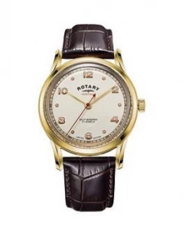 Image of Rotary Rotary Heritage Gold And Red Detail Automatic Dial Brown Leather Strap Mens Watch