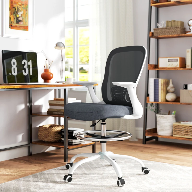 Image of HOMCOM HOMCOM Drafting Chair, Ergonomic Office Chair with Flip-up Armrest in Grey Grey One Size Unisex 5063603181960