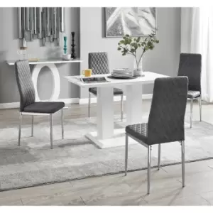 Image of Furniturebox Imperia 4 High Gloss White Modern Dining Table and 4 Grey Milan Faux Leather Dining Chairs With Silver Legs Diamond Stitch Modern