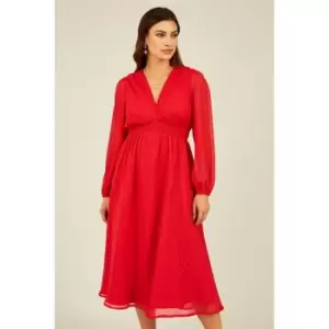 Image of Yumi Red Metallic Dobby Midi Dress - Red