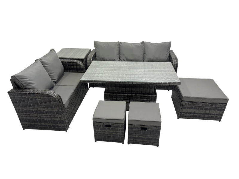 Image of Fimous Rattan Garden Furniture Set 8-seater with 3 Footstools Side Table in Dark Grey Dark Grey Unisex