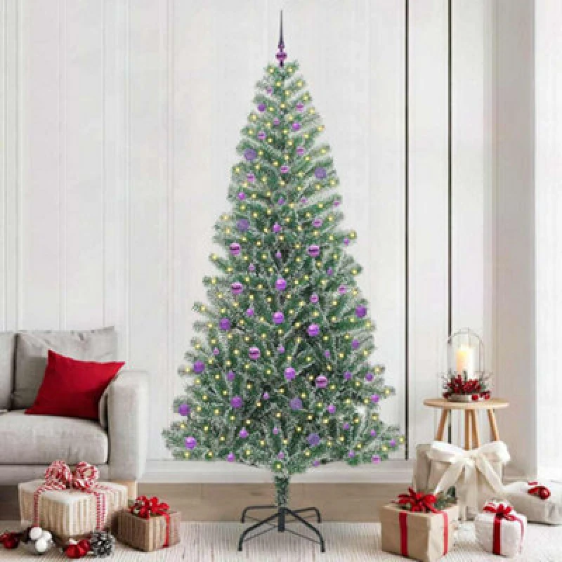 Image of vidaXL Artificial Christmas Tree Snow Flocked with LED Light, Lilac Balls 240 cm, Green 3396839