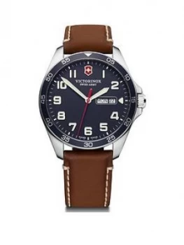 Image of Victorinox Victorinox Swiss Made Fieldforce Blue Super-Luminova Sapphire Glass 42Mm Daydate Dial Brown Leather Strap Watch